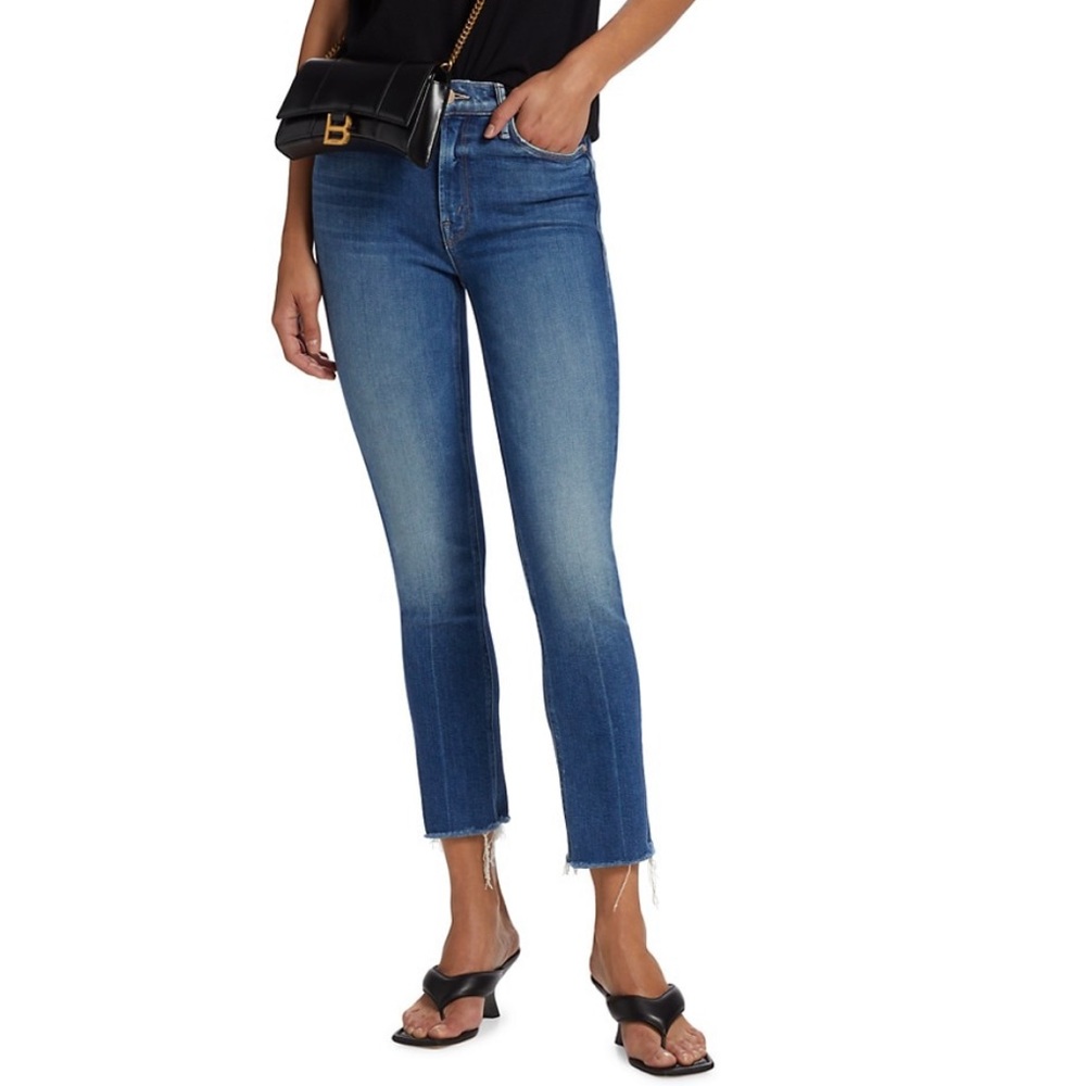 MOTHER Mid-Blue Cropped Raw-Hem Jeans